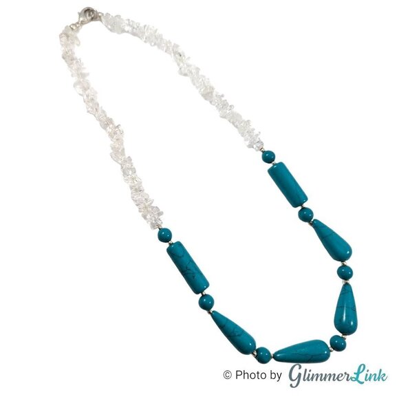 Two Tone Faux Turquoise Beads & Clear Quartz Chips Silver Tone Necklace - Picture 1 of 8